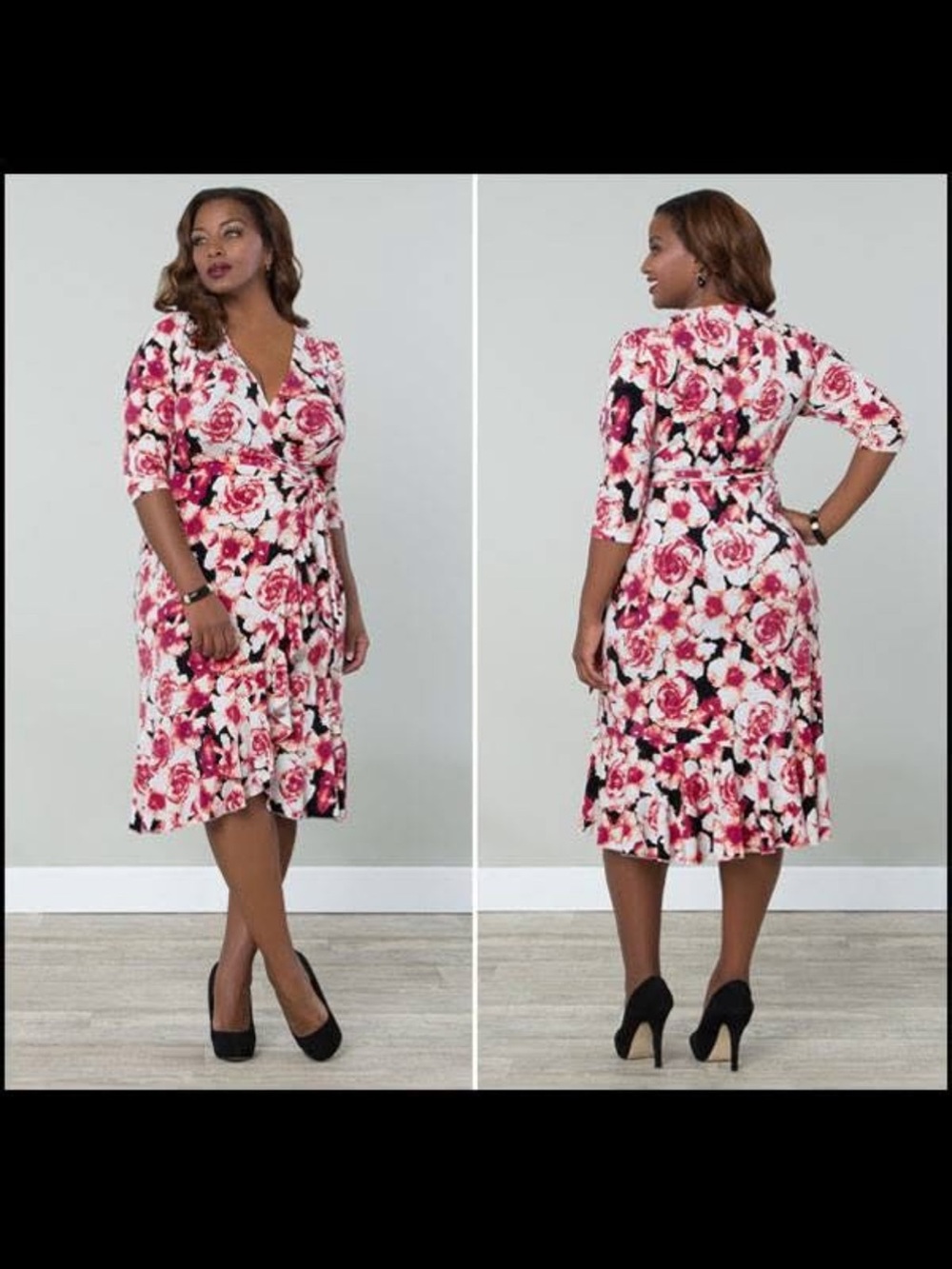 Kiyonna Pink Roses Floral Flirty Flounce Wrap Dress Womans Plus Size 1X 14-16